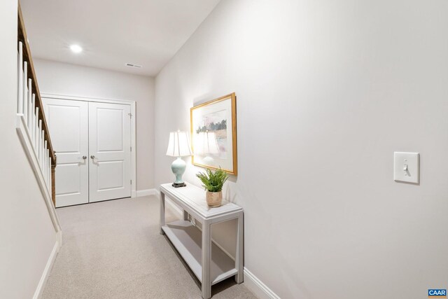312 Avondale Ln, Crozet, VA 22932 - hallway featuring light carpet, stairway, and recessed lighting