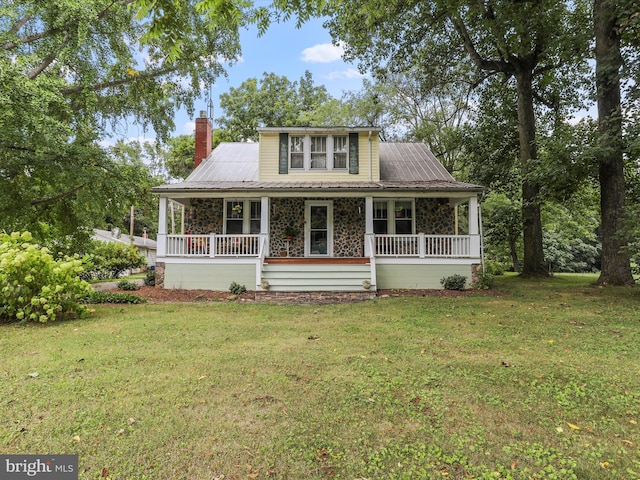 15004 Leetown Rd, Kearneysville, WV 25430 - view of front facade featuring a porch, a front lawn, a chimney, and stone siding