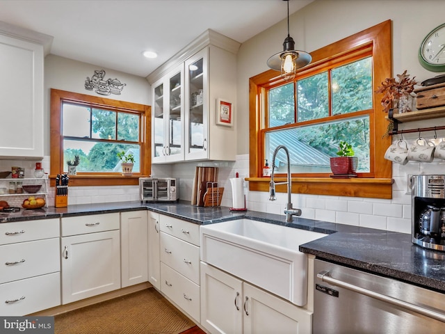15004 Leetown Rd, Kearneysville, WV 25430 - kitchen with dishwasher, decorative backsplash, white cabinetry, glass insert cabinets, and recessed lighting
