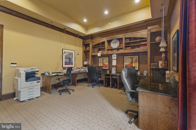 12921 Centre Park Cir Unit 102, Herndon, VA 20171 - carpeted home office with a raised ceiling, recessed lighting, and built in desk