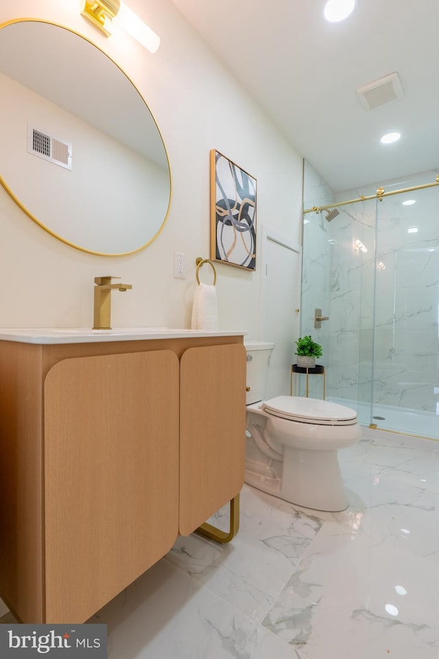 622 Mcclellan St, Philadelphia, PA 19148 - full bathroom featuring a marble finish shower, vanity, marble finish flooring, and recessed lighting