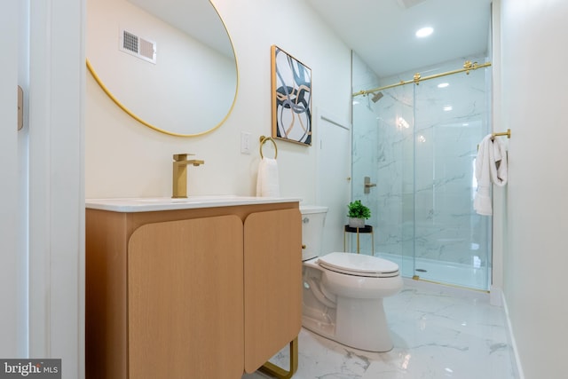 622 Mcclellan St, Philadelphia, PA 19148 - bathroom featuring marble finish floors, a marble finish shower, vanity, and recessed lighting