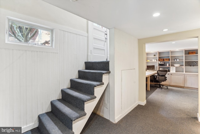 4009 Oglethorpe St, Hyattsville, MD 20782 - staircase with built in study area, carpet, and recessed lighting