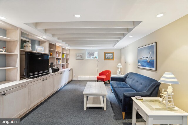 4009 Oglethorpe St, Hyattsville, MD 20782 - living room with a baseboard radiator, beam ceiling, dark colored carpet, recessed lighting, and a wall mounted air conditioner