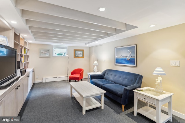 4009 Oglethorpe St, Hyattsville, MD 20782 - living room featuring a baseboard heating unit, recessed lighting, and dark carpet