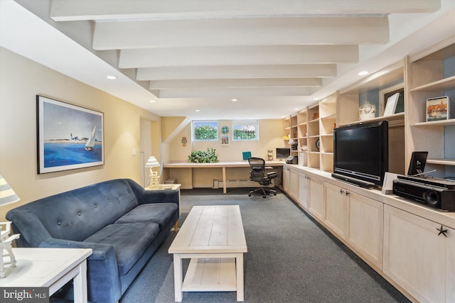 4009 Oglethorpe St, Hyattsville, MD 20782 - carpeted living area with built in study area, recessed lighting, and beamed ceiling
