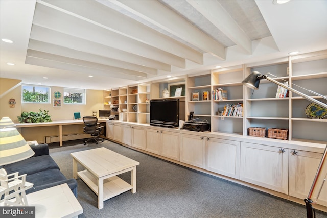 4009 Oglethorpe St, Hyattsville, MD 20782 - living area featuring carpet flooring, recessed lighting, beamed ceiling, and built in desk