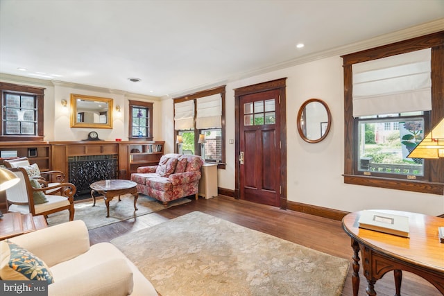 4009 Oglethorpe St, Hyattsville, MD 20782 - living room featuring ornamental molding, wood finished floors, a fireplace, and recessed lighting