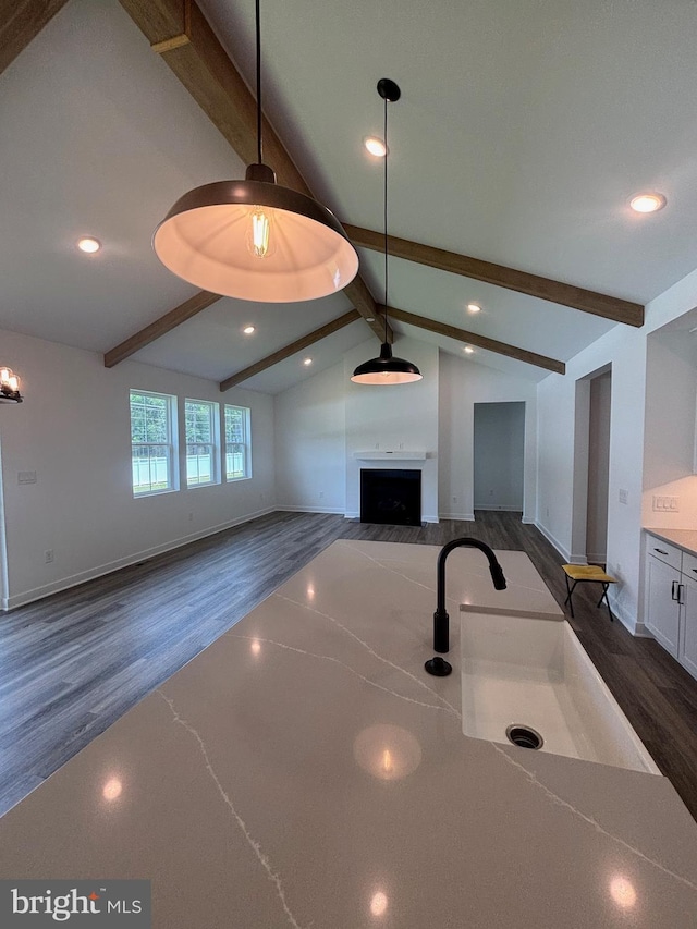 36821 W Old Gate Dr, Georgetown, DE 19947 - kitchen featuring dark wood-style flooring, a fireplace, recessed lighting, decorative light fixtures, and open floor plan