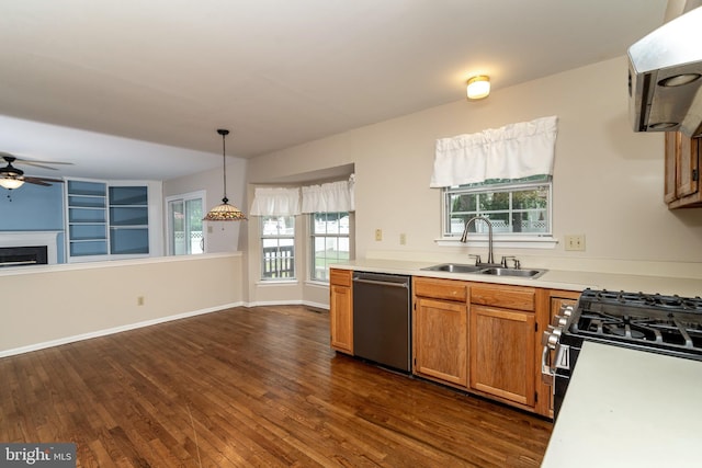 52 Jonquil Way, Sicklerville, NJ 08081 - kitchen featuring dishwasher, ventilation hood, a ceiling fan, dark wood-style flooring, and light countertops
