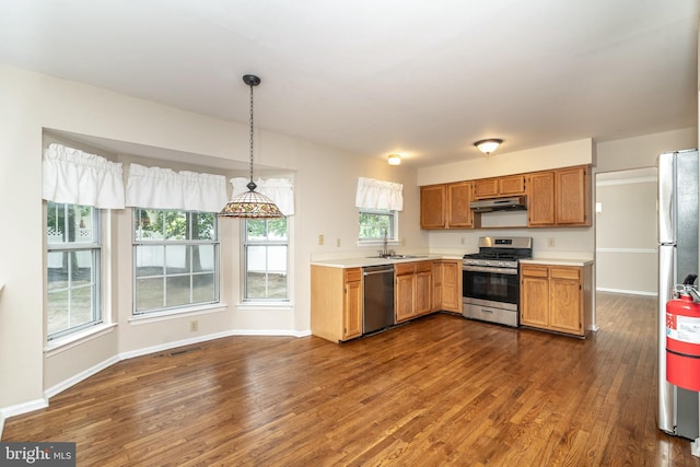 52 Jonquil Way, Sicklerville, NJ 08081 - kitchen featuring stainless steel appliances, under cabinet range hood, dark wood finished floors, light countertops, and pendant lighting