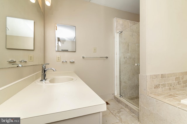 52 Jonquil Way, Sicklerville, NJ 08081 - full bath with vanity, a shower stall, a bath, and marble look tile flooring