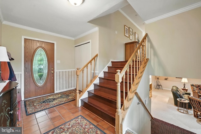 8823 Newport Ct, Springfield, VA 22153 - entrance foyer with crown molding, stairs, and tile patterned flooring