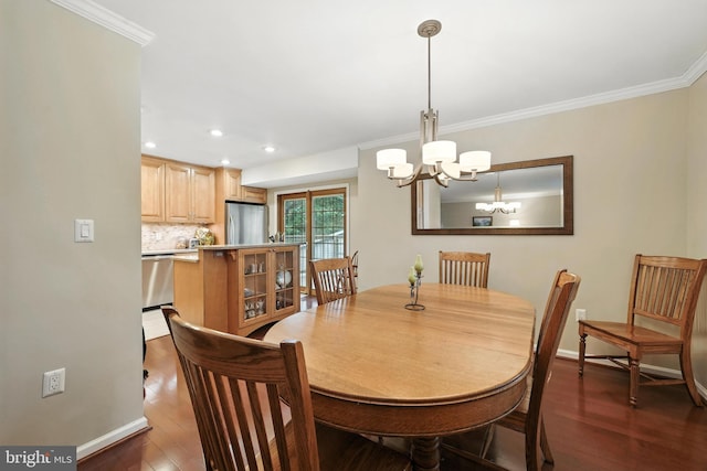 8823 Newport Ct, Springfield, VA 22153 - dining area with a chandelier, dark wood-type flooring, crown molding, and recessed lighting