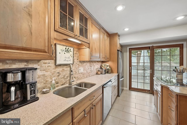 8823 Newport Ct, Springfield, VA 22153 - kitchen featuring stainless steel appliances, light stone counters, tasteful backsplash, light tile patterned floors, and recessed lighting