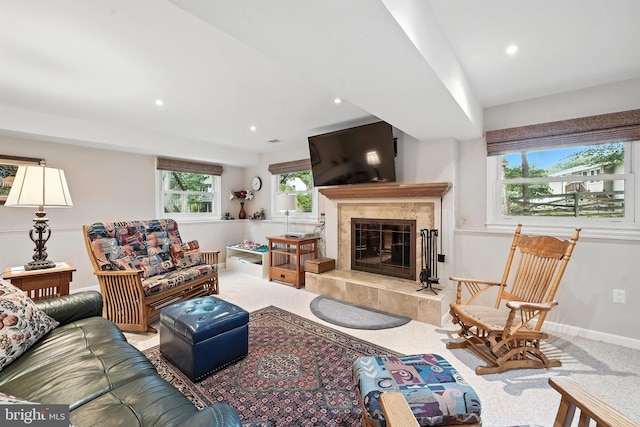 8823 Newport Ct, Springfield, VA 22153 - carpeted living room featuring a fireplace and recessed lighting