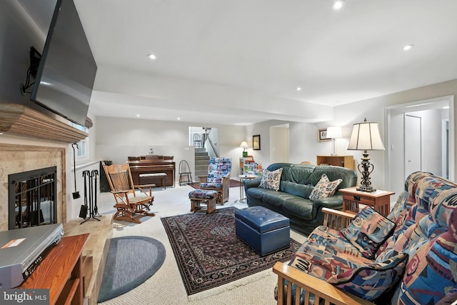 8823 Newport Ct, Springfield, VA 22153 - living area with stairway, recessed lighting, a glass covered fireplace, and carpet flooring