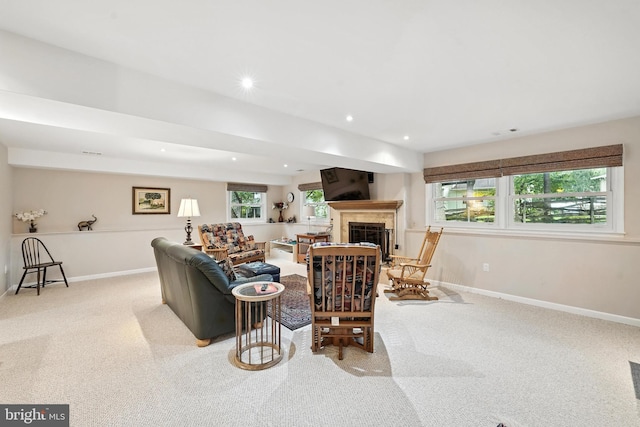 8823 Newport Ct, Springfield, VA 22153 - living room featuring carpet, a tile fireplace, and recessed lighting