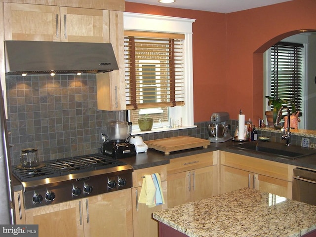 326 W Race, Pottstown, PA 19464 - kitchen with stainless steel appliances, light brown cabinets, arched walkways, exhaust hood, and light stone countertops
