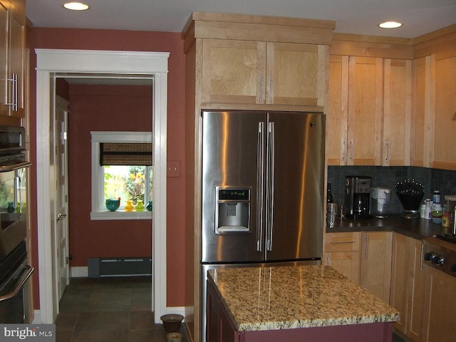 326 W Race, Pottstown, PA 19464 - kitchen featuring stainless steel refrigerator with ice dispenser, light brown cabinetry, light stone countertops, and recessed lighting