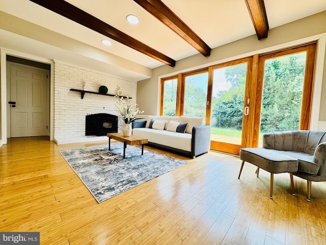 5933 Westridge Ct, Alexandria, VA 22310 - living area with beam ceiling, healthy amount of natural light, light wood-style flooring, a fireplace, and recessed lighting