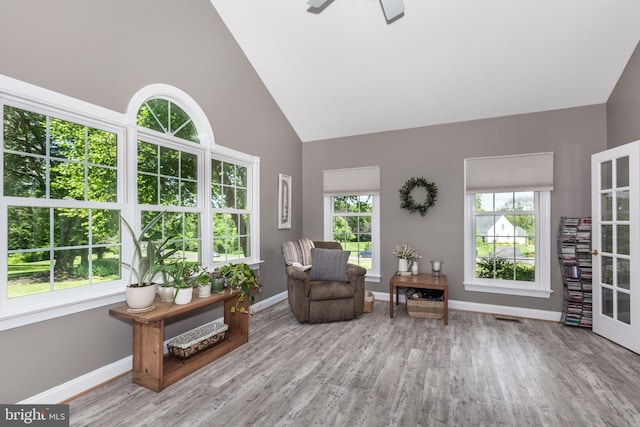 872 The Old Station Ct, Woodbine, MD 21797 - living area featuring high vaulted ceiling, wood finished floors, and a ceiling fan
