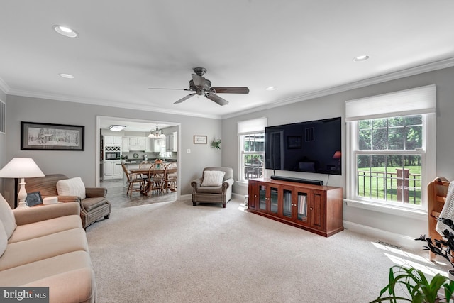 872 The Old Station Ct, Woodbine, MD 21797 - living area with a ceiling fan, carpet floors, crown molding, and recessed lighting