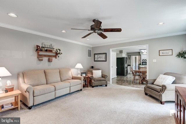 872 The Old Station Ct, Woodbine, MD 21797 - carpeted living room featuring a ceiling fan, crown molding, and recessed lighting
