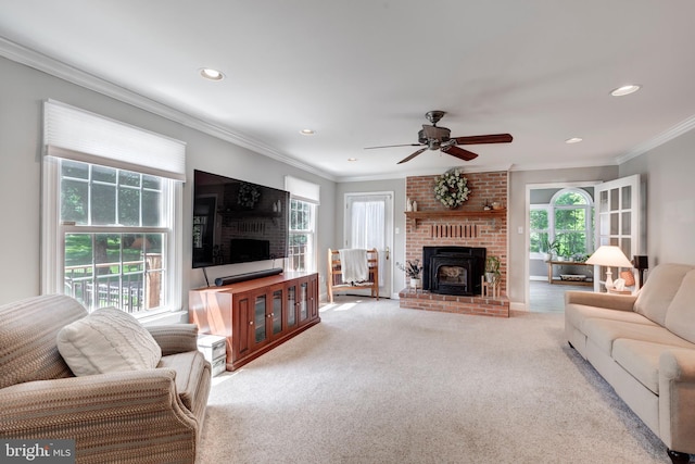 872 The Old Station Ct, Woodbine, MD 21797 - living room with a brick fireplace, crown molding, carpet flooring, ceiling fan, and recessed lighting