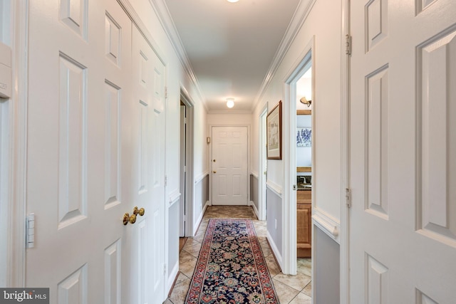 872 The Old Station Ct, Woodbine, MD 21797 - corridor with a decorative wall, inlaid floor details, a wainscoted wall, and crown molding