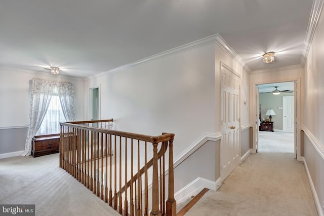 872 The Old Station Ct, Woodbine, MD 21797 - corridor with an upstairs landing, light colored carpet, and crown molding