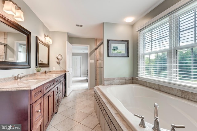 872 The Old Station Ct, Woodbine, MD 21797 - full bathroom with a garden tub, double vanity, tile patterned floors, and a shower stall