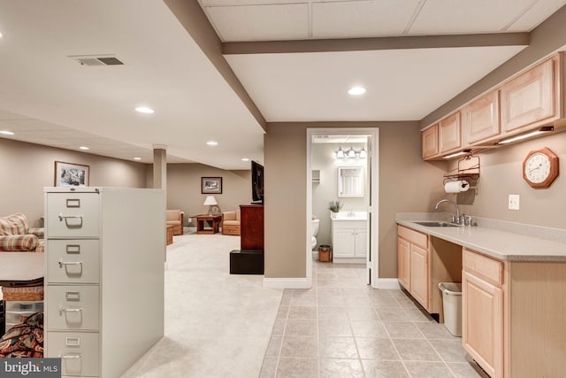 872 The Old Station Ct, Woodbine, MD 21797 - kitchen featuring light brown cabinetry, light countertops, recessed lighting, open floor plan, and light tile patterned floors