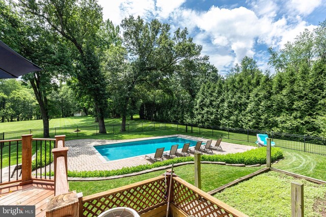 872 The Old Station Ct, Woodbine, MD 21797 - view of pool with a fenced backyard, a deck, view of scattered trees, and a patio