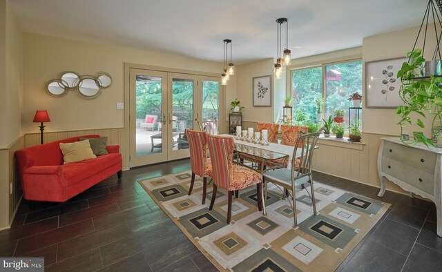 7028 Ely Rd, New Hope, PA 18938 - dining room featuring a wainscoted wall and french doors