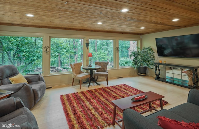 7028 Ely Rd, New Hope, PA 18938 - living room featuring wooden ceiling, healthy amount of natural light, recessed lighting, and wood finished floors