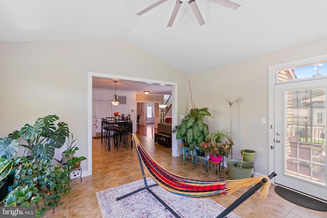 4479 Coachmans Path Ct, Waldorf, MD 20601 - living area featuring plenty of natural light, lofted ceiling, light tile patterned flooring, and a ceiling fan