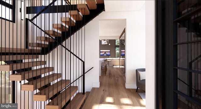 2468 River Rd, New Hope, PA 18938 - stairs with wood finished floors and recessed lighting