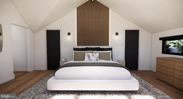 2468 River Rd, New Hope, PA 18938 - bedroom featuring lofted ceiling and wood finished floors