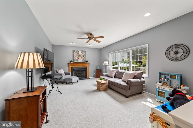 114 Ketterer Ct, Lawrence, NJ 08648 - living area with carpet floors, a fireplace with flush hearth, ceiling fan, and recessed lighting