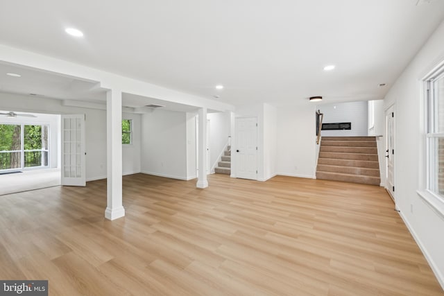 6612 Jacks Ct, Mount Airy, MD 21771 - unfurnished living room featuring stairs, recessed lighting, light wood finished floors, and a ceiling fan