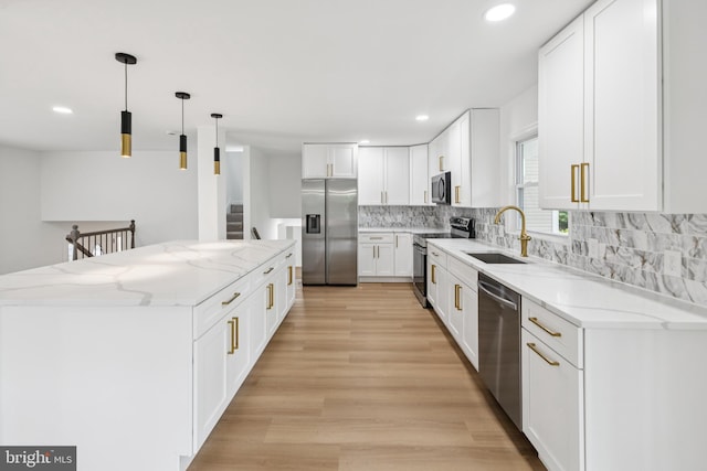 6612 Jacks Ct, Mount Airy, MD 21771 - kitchen featuring stainless steel appliances, a center island, tasteful backsplash, white cabinets, and recessed lighting