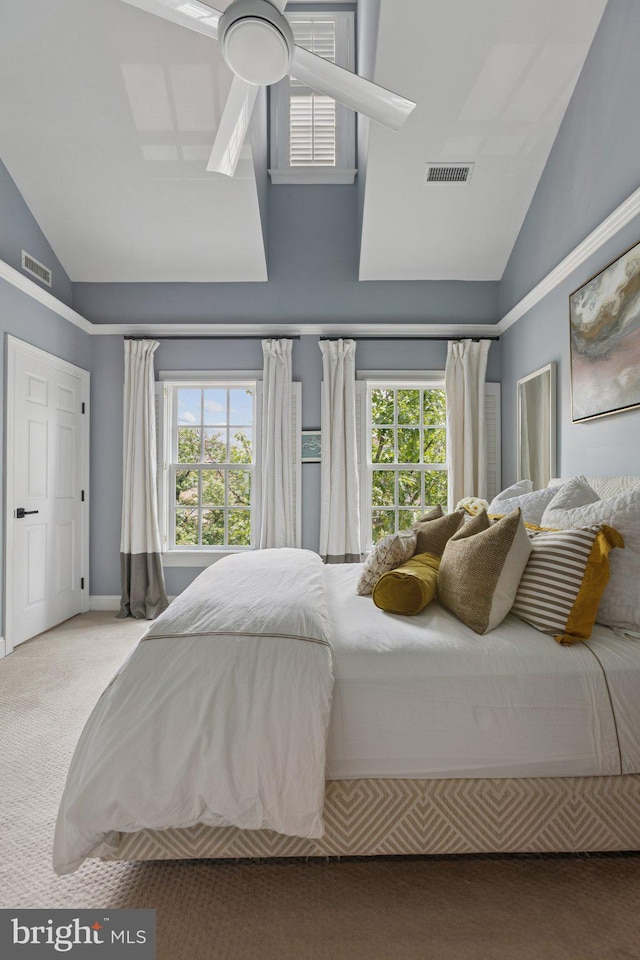 1206 N Pitt St, Alexandria, VA 22314 - bedroom with high vaulted ceiling, carpet floors, and multiple windows