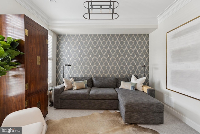 1206 N Pitt St, Alexandria, VA 22314 - living area with wallpapered walls, carpet floors, an accent wall, crown molding, and a chandelier