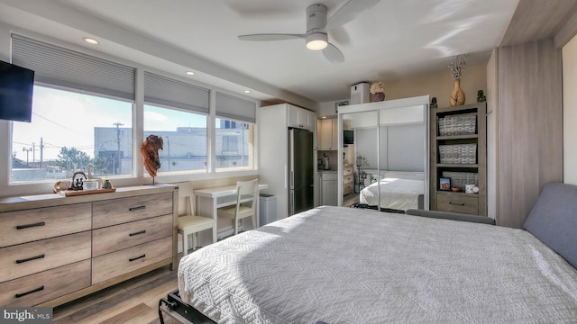 108 Montpelier Ave Unit 214, Atlantic City, NJ 08401 - bedroom with light wood-style flooring, freestanding refrigerator, recessed lighting, a closet, and ceiling fan
