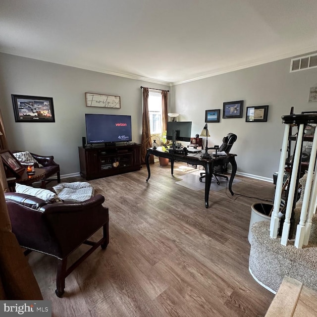 82 Blue Fox Ln, Richboro, PA 18954 - living room featuring crown molding, a desk, and wood finished floors