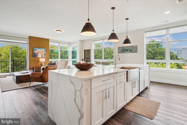 1761 Old Meadow Rd Unit 412, Mclean, VA 22102 - kitchen featuring open floor plan, white cabinets, dark wood-type flooring, and light stone countertops
