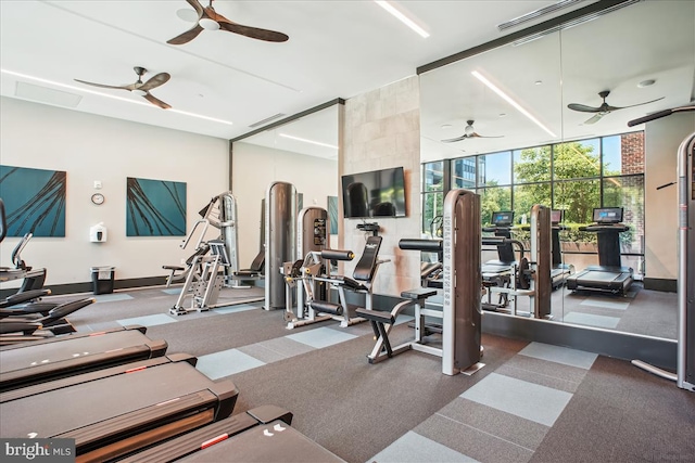 1761 Old Meadow Rd Unit 412, Mclean, VA 22102 - gym with ceiling fan and a wall of windows