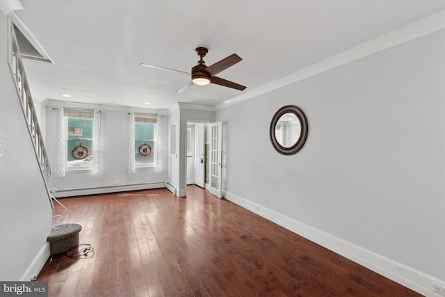 3121 Edgemont St, Philadelphia, PA 19134 - spare room featuring a baseboard heating unit, a ceiling fan, hardwood / wood-style flooring, crown molding, and recessed lighting