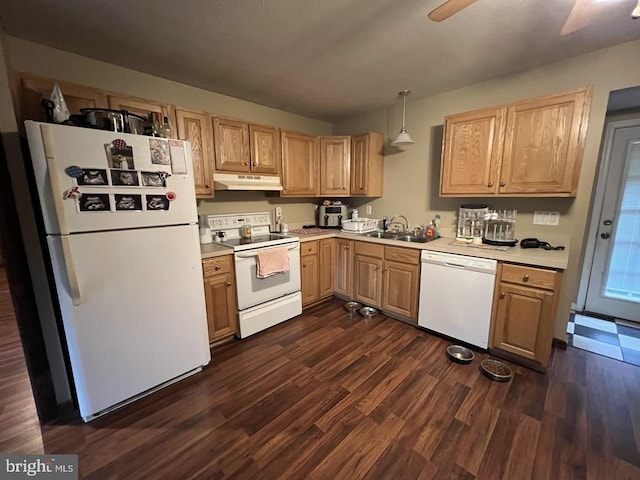 14412 Old Hancock Rd NE, Cumberland, MD 21502 - kitchen featuring white appliances, under cabinet range hood, dark wood-style flooring, ceiling fan, and light countertops